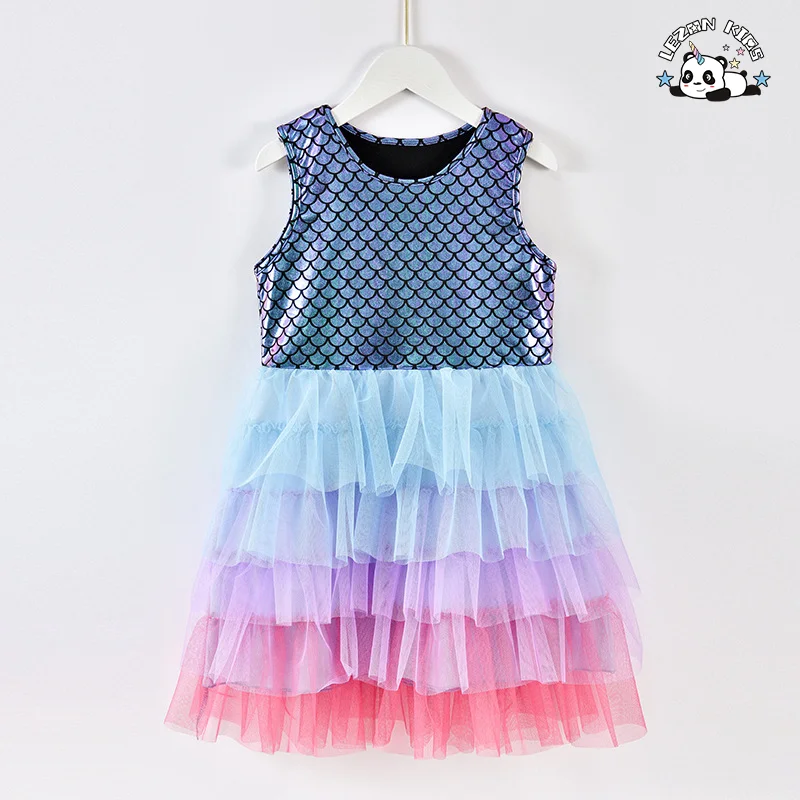 LEZONKIDS - Custom Girls' Casual Mermaid Tutu Dress Layered Floral Print Lace Decor Formal Sweet Summer Outfit for Kids